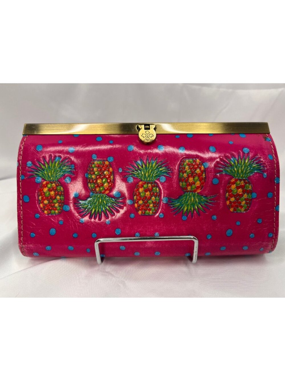 Patricia Nash Cassini Leather Wallet Pink Pineapple Polka Dot Blue Bifold